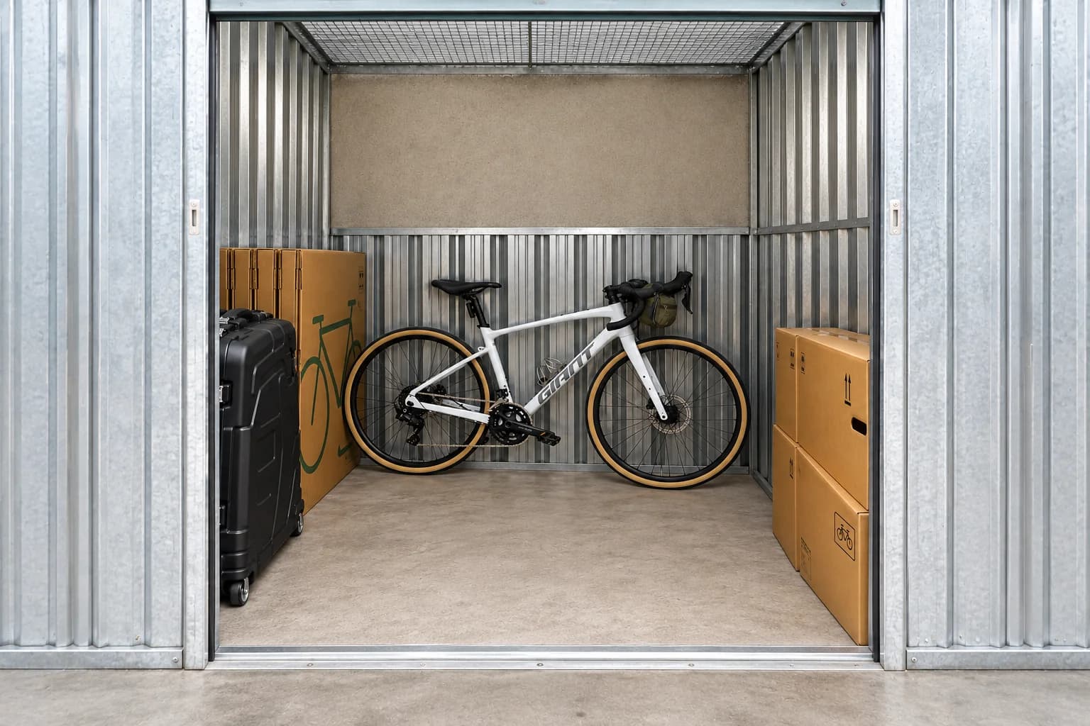 Vélo monté rangé contre la paroi du local de stockage à Barcelone, avec l’entrée visible