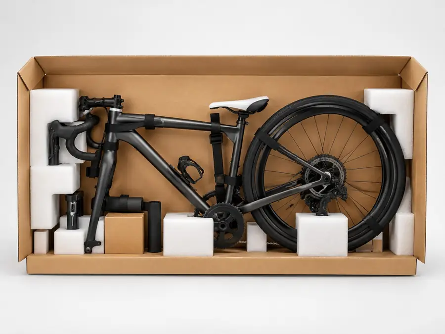 Road bike packed safely inside a cardboard bike box with protective foam and straps