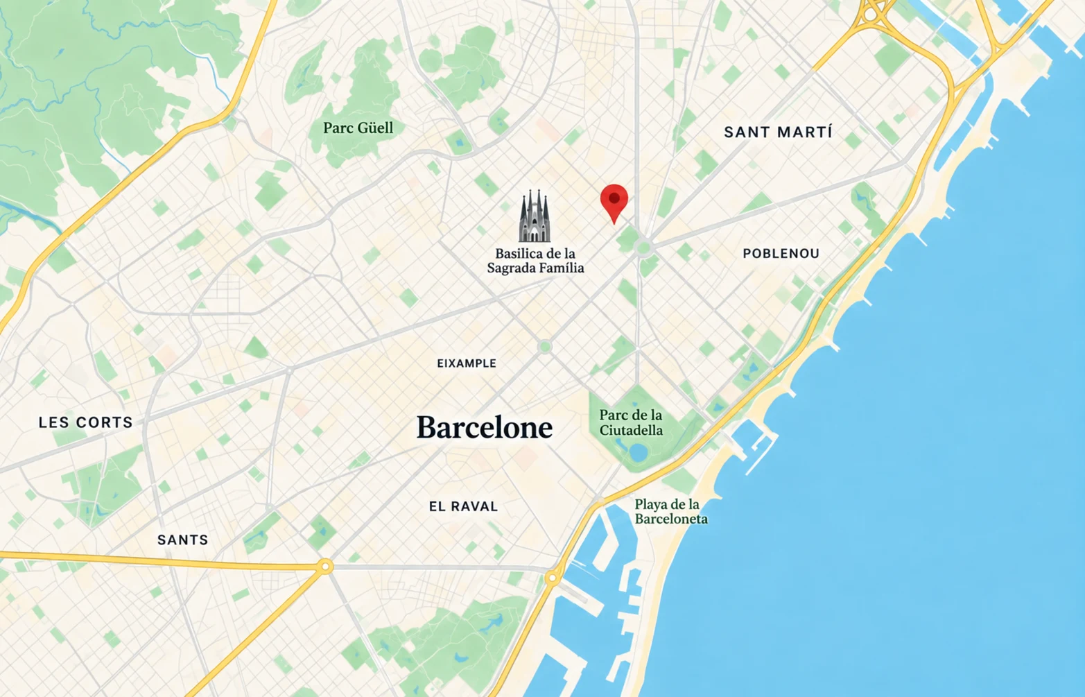 Carte de Barcelone montrant le quartier près de la Sagrada Família