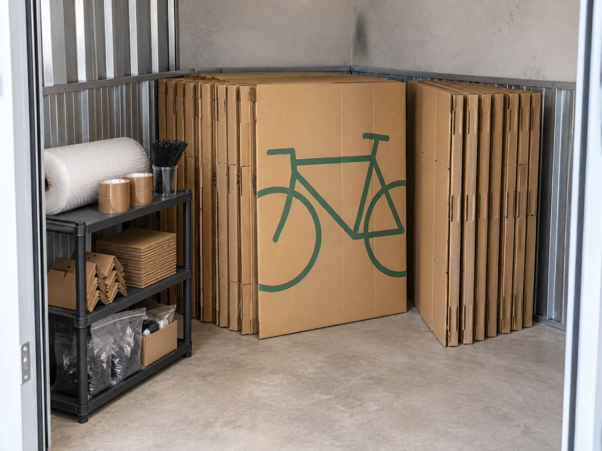 Illustratie van een opslagruimte met opgevouwen fietsdozen en verpakkingsmateriaal