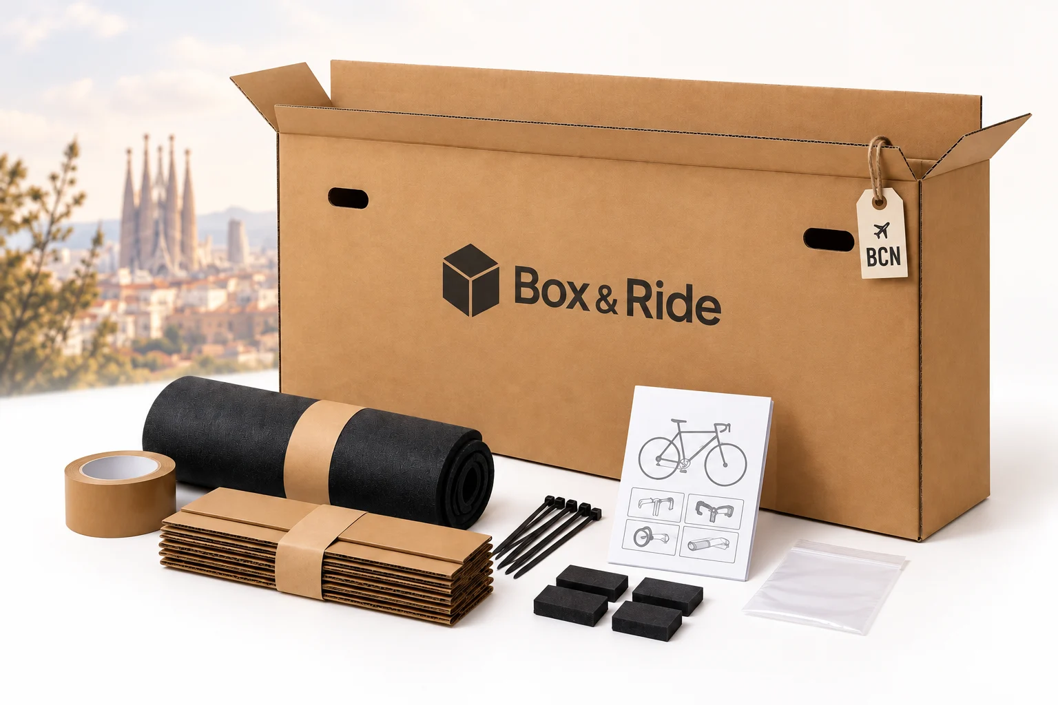 Box & Ride cardboard bike box with its packing kit in Barcelona