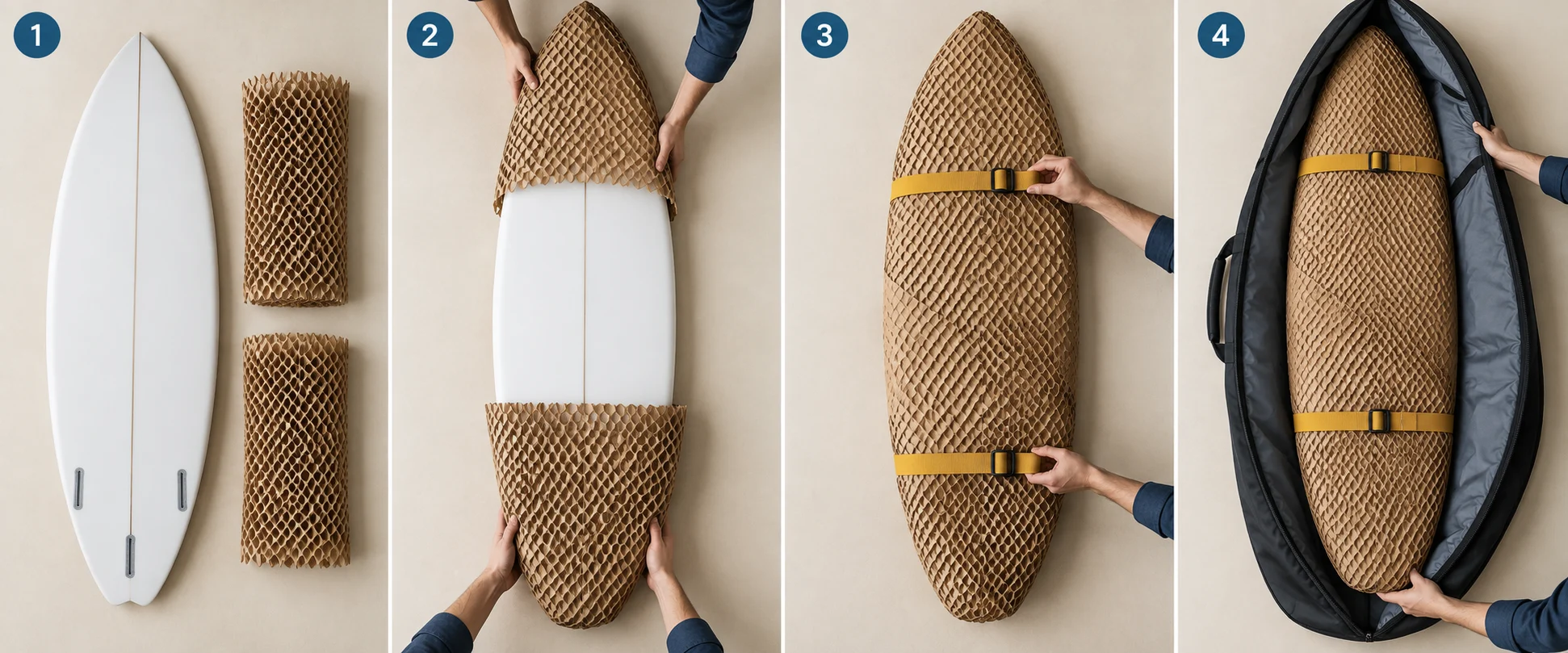 Four-step sequence showing a dry surfboard, honeycomb sleeves, fastening straps and a padded travel bag