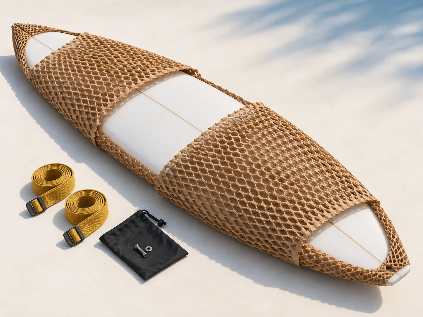 White surfboard protected by overlapping kraft-paper honeycomb sleeves with yellow fastening straps