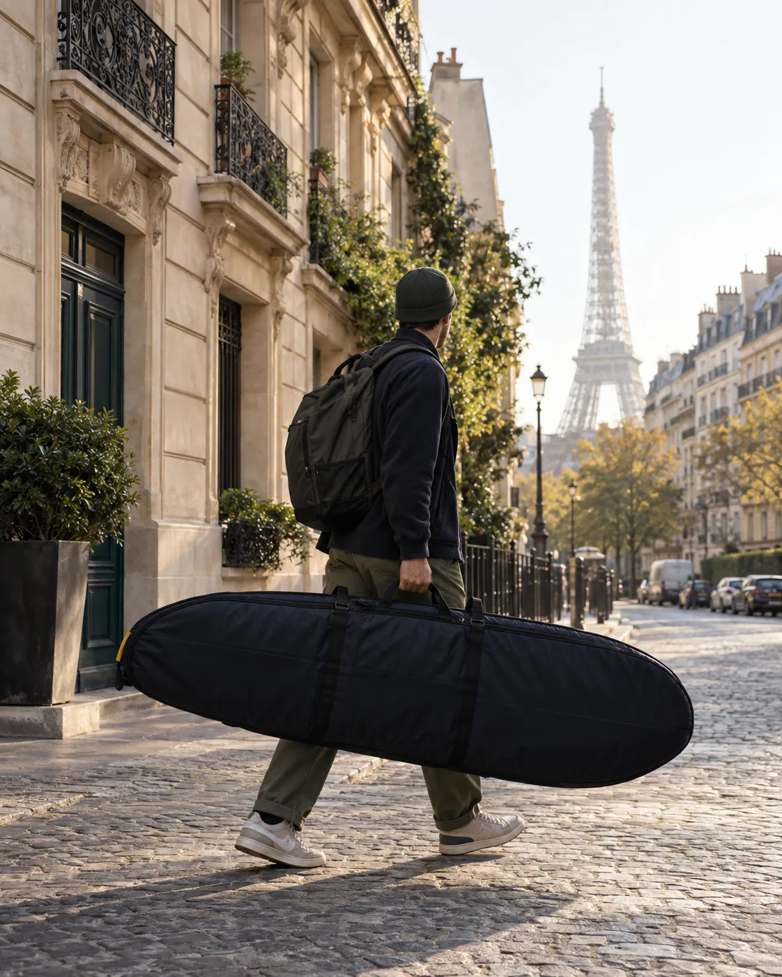 Traveller carrying a padded surfboard bag through Paris