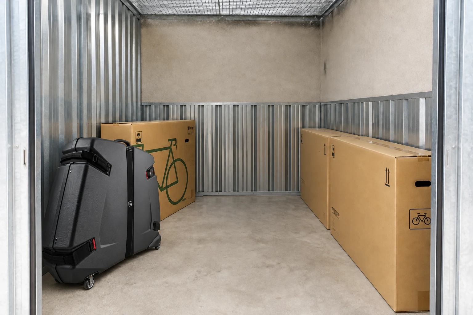 B&W Bike Box II bicycle travel bag or case inside a storage unit