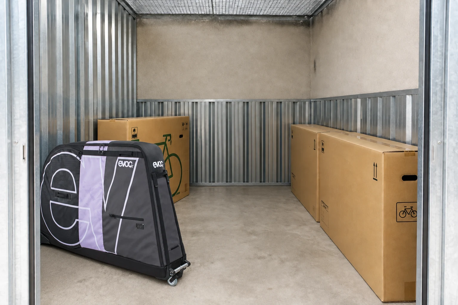 EVOC bicycle case in a storage unit for bicycle travel containers